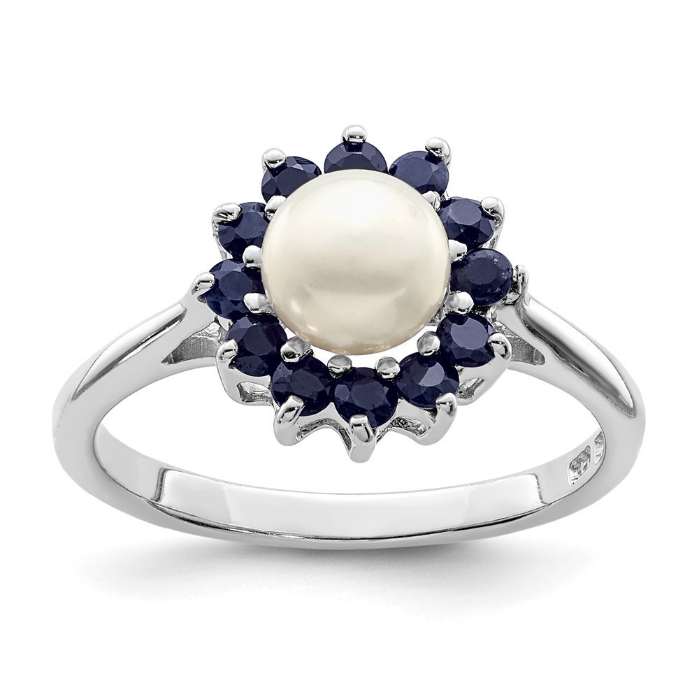 925 Sterling Silver Rhodium 6mm Fw Cultured Button Pearl & Sapphire Ring, 7